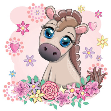Cute cartoon horse, pony for card with flowers, balloons, heart