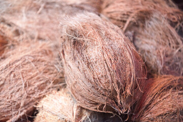 Stack of dehusked coconuts on a market stall