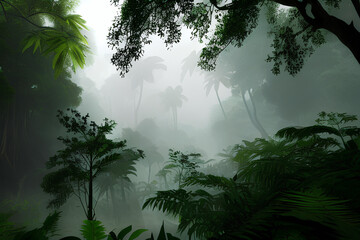 Magical rain forest, lush green and misty. Generative AI.