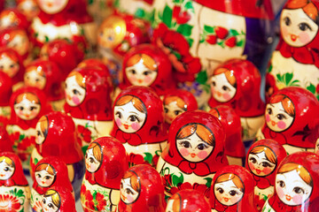 Fototapeta na wymiar Russian nesting dolls for sale on a market stall