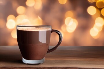 Fototapeta premium Cozy Hot Chocolate Cup on Bokeh Background - Warm Up Your Winter with a Delicious Cocoa Drink - High-Quality Photo for Blogs, Social Media, and More