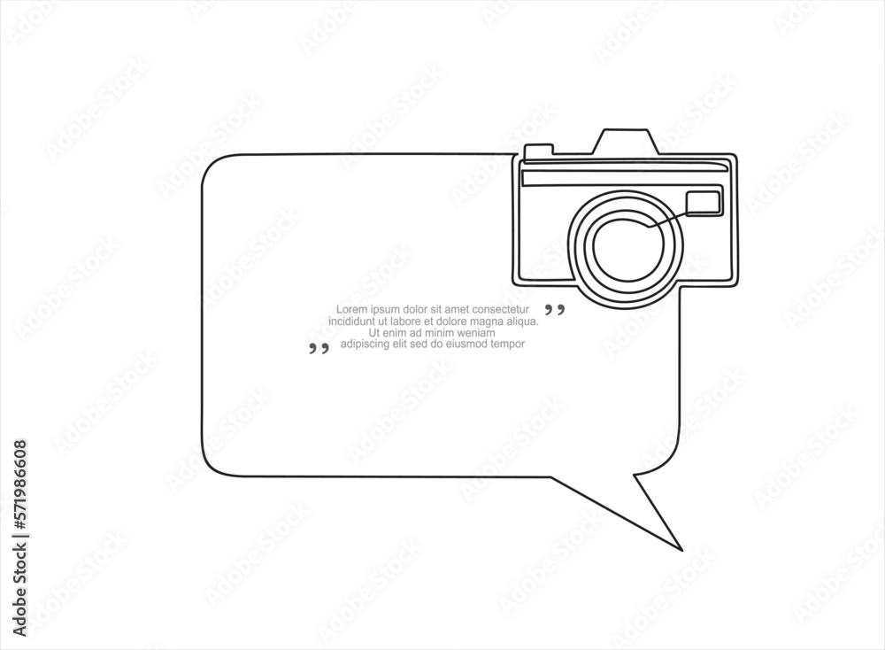Poster continuous one line drawing of digital camera and speech bubble. trendy line art vector on a white b