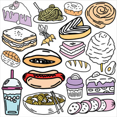 Food doodle icon set vector illustration. Suitable for sticker pack, logo, icon and graphic design elements