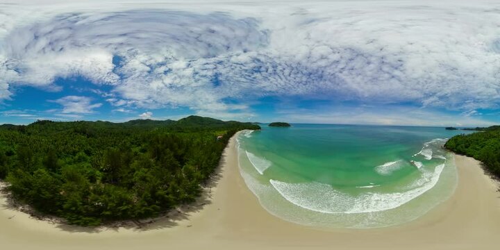 Aerial view of tropical sandy beach and blue ocean. Borneo, Malaysia. Bavang Jamal Beach. 360 panorama VR.