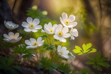 Naklejka na ściany i meble Beautiful white flowers of anemones in spring in a forest close up in sunlight in nature. Spring forest landscape with flowering primroses made with Generative AI