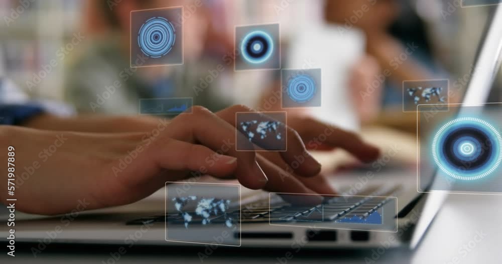 Poster animation of scopes scanning and data processing over woman using laptop