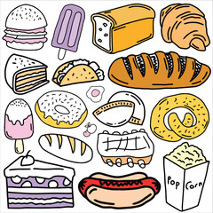 Food doodle icon set vector illustration. Suitable for sticker pack, logo, icon and graphic design elements