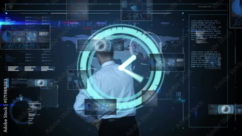 Poster Animation of clock and data processing over businessman on dark background