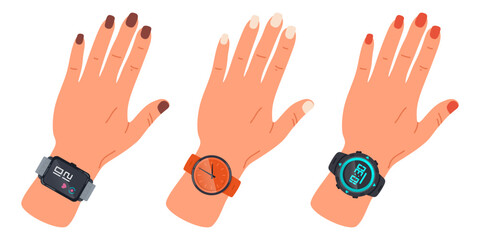 Obraz premium Female hands wearing wristwatches. Cartoon woman hands with quartz analog and electronic watches flat vector illustration set