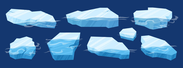 Floating ice. Cartoon frozen blocks of ice, arctic glaciers and icebergs pieces. Ice crystals floating in water flat vector illustration set © GreenSkyStudio