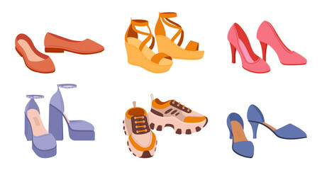 Cartoon summer and spring footwear. Modern female shoes, heels, sneakers and flats. Casual fashion shoes flat vector illustration set