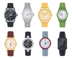 Wrist watches. Cartoon gold and silver hand clocks, vintage classic watches. Quartz analog and electronic watch flat vector illustration collection