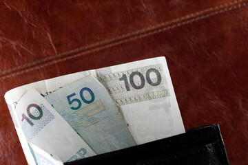Banknotes protrude from the wallet, PLN currency
