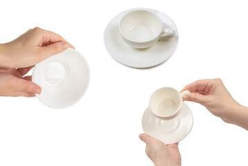 White bowl in woman hand isolated on white.