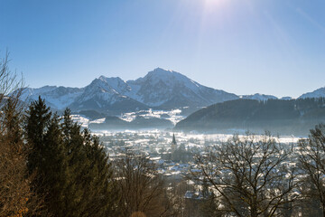 View to Windischgarsten in the morning with fog, Upperaustria
