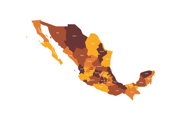 Mexico political map of administrative divisions - states and Mexico City. Flat vector map with name labels. Brown - orange color scheme.