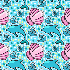 A magical marine pattern with a dolphin, vacation, vector seamless pattern in the style of doodles, hand draw