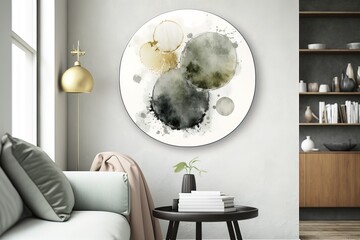 A room with an abstract watercolor paint with pastel colors, on the wall