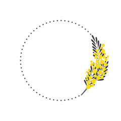 Minimalist round frame with a mimosa. A frame with botanical motifs. Vector illustration