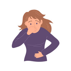 A young woman suffers from nausea and abdominal pain. Vomiting and diarrhea. Symptom of the disease. The infection is bacterial. Flat vector illustration isolated on white background