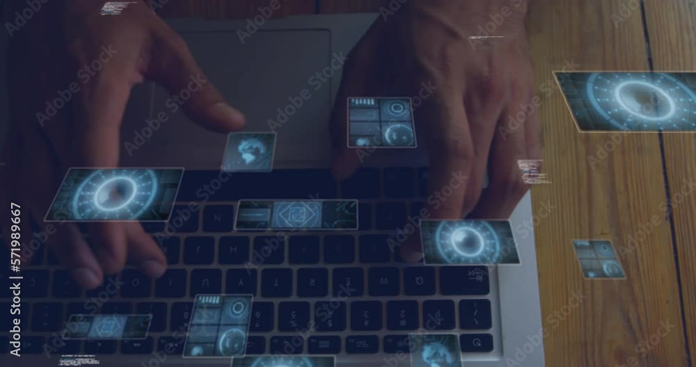 Poster animation of data processing and scopes scanning over woman using laptop