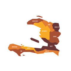 Haiti political map of administrative divisions - departments. Flat vector map with name labels. Brown - orange color scheme.