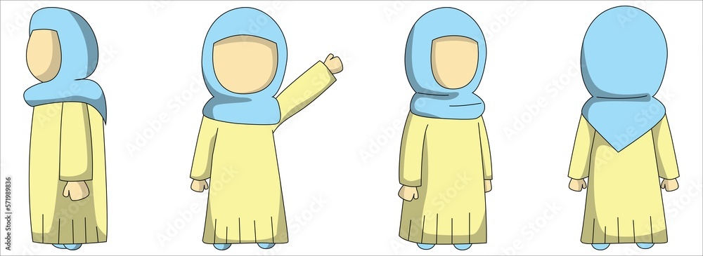 Wall mural moslem girl cartoon character illustration with yellow and blue pastel outfit. suitable for ramadan 