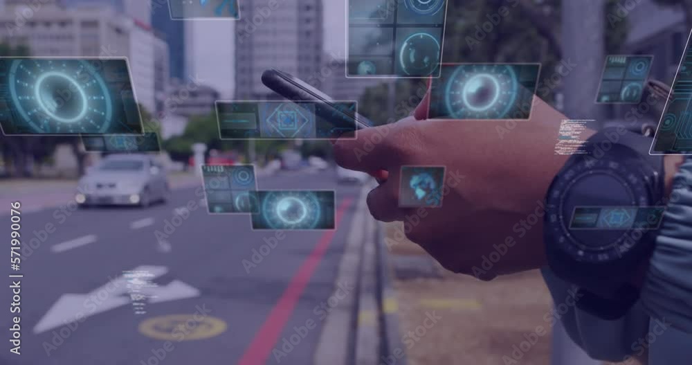Poster animation of scopes scanning and data processing over man using smartphone