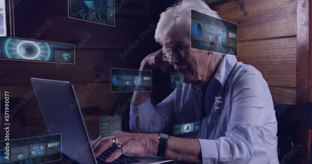 Poster animation of data processing and scopes scanning over senior woman using laptop