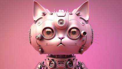 Portrait of robotic little cat with monochromatic pink color.