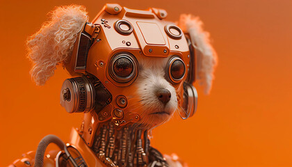 Portrait of robotic little cat with monochromatic orange color.