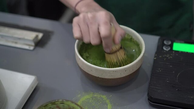 Preparing Matcha in Traditional Way using Bamboo Whisk