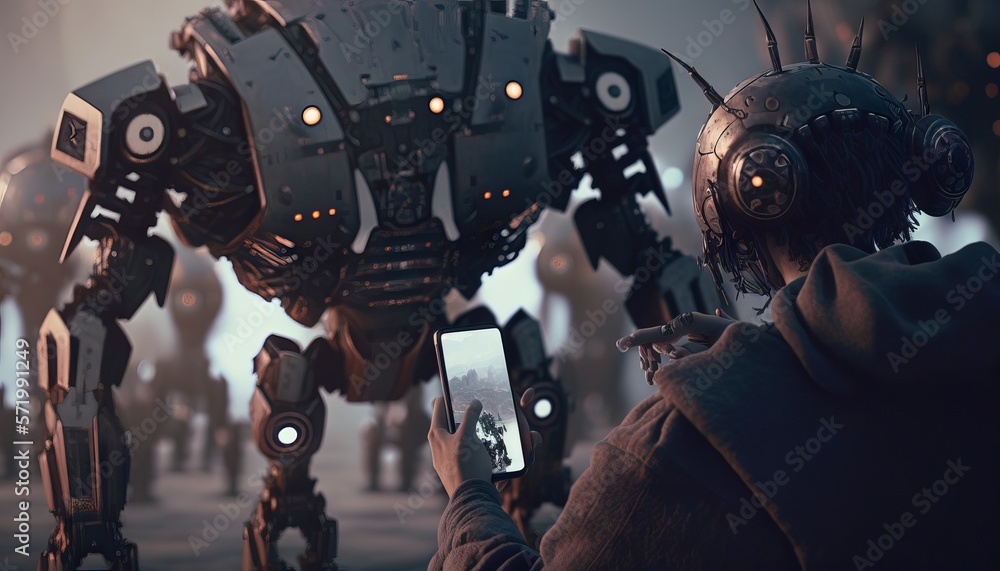 Poster robots in the cyberspace. 3d rendering toned image. generative ai