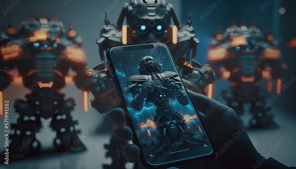Poster view of a cyborg holding a phone with a futuristic interface. generative ai