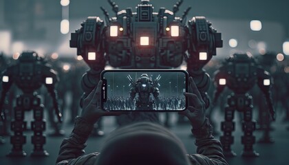 Rear view of a man taking a photo of a robot with a smartphone. Generative AI