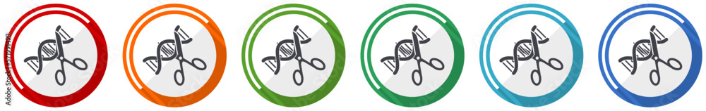Poster dna, genetic modification icon set, flat design vector illustration in 6 colors options for webdesig