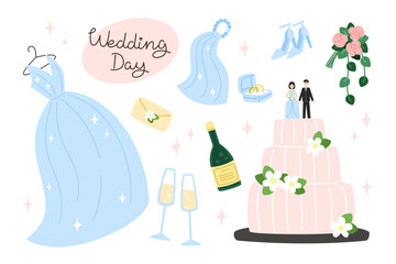 Set of elements for the wedding day, flat style illustration