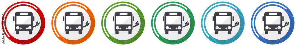 Poster ecology, electrical bus icon set, flat design vector illustration in 6 colors options for webdesign 