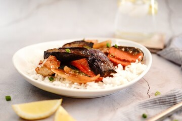 Stir fried Thai Eggplant  with vegetables in sweet sauce served with Jasmine rice