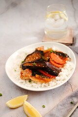 Stir fried Thai Eggplant  with vegetables in sweet sauce served with Jasmine rice