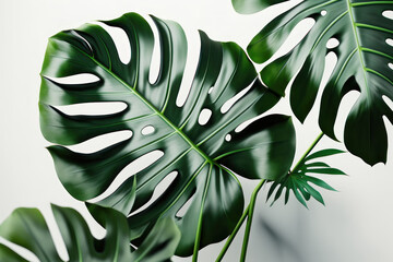 Monstera leaves on a white background close-up. AI generative.