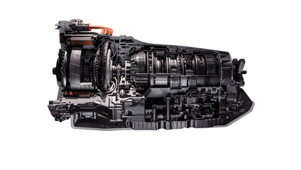 Automatic transmission gearbox in cross section. Automobile transmission gearbox on transparent...