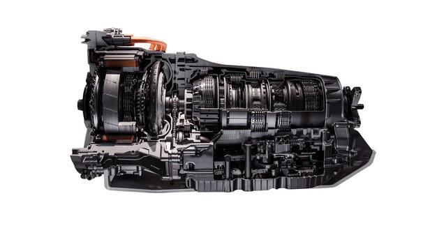 Automatic transmission gearbox in cross section. Automobile transmission gearbox on transparent background.	