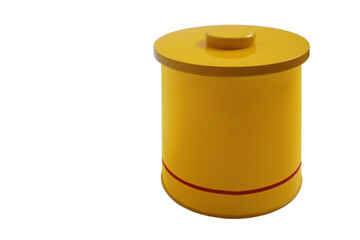 Yellow cookie tin on white background