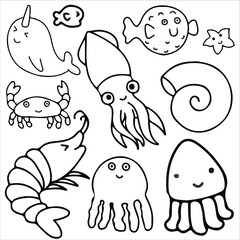 Sea animals doodle icon set vector illustration. Suitable for sticker pack, icon, logo and graphic design elements