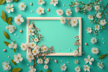 Beautiful spring nature background with lovely blossom, petal a on turquoise blue background frame made with Generative AI