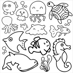 Naklejka premium Sea animals doodle icon set vector illustration. Suitable for sticker pack, icon, logo and graphic design elements