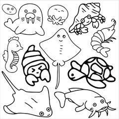 Fototapeta premium Sea animals doodle icon set vector illustration. Suitable for sticker pack, icon, logo and graphic design elements