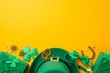 Fototapeta na wymiar Saint Patrick's Day concept.Top view photo of leprechaun cap present boxes gold coins clovers horseshoe bow-tie and sprinkles on isolated yellow background with empty space