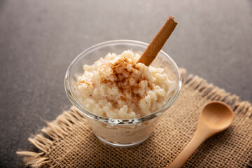 Rice pudding. Sweet dish made by cooking rice in milk and sugar, some recipes include cinnamon, vanilla or other ingredients, it is a very easy dessert to make and very popular all over the world.